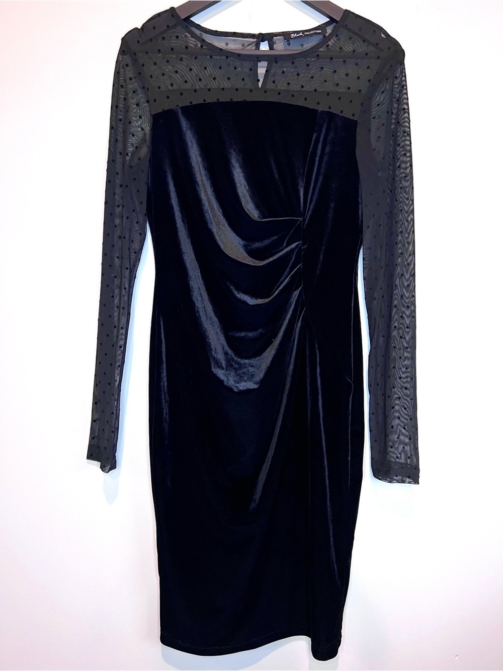 Black Collection Black Velvet Mesh Polka Dot Cocktail Dress Sheer Sleeve 16x39